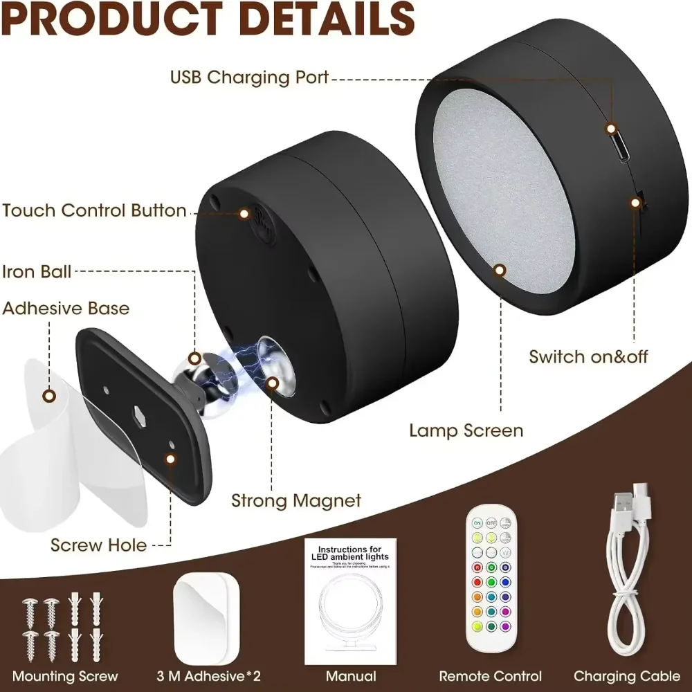 Portable Rechargeable LED Dimmable Wall Mounted Lamp With Remote Control ,Magnetic Bedroom Ambient Light For Reading Bedside