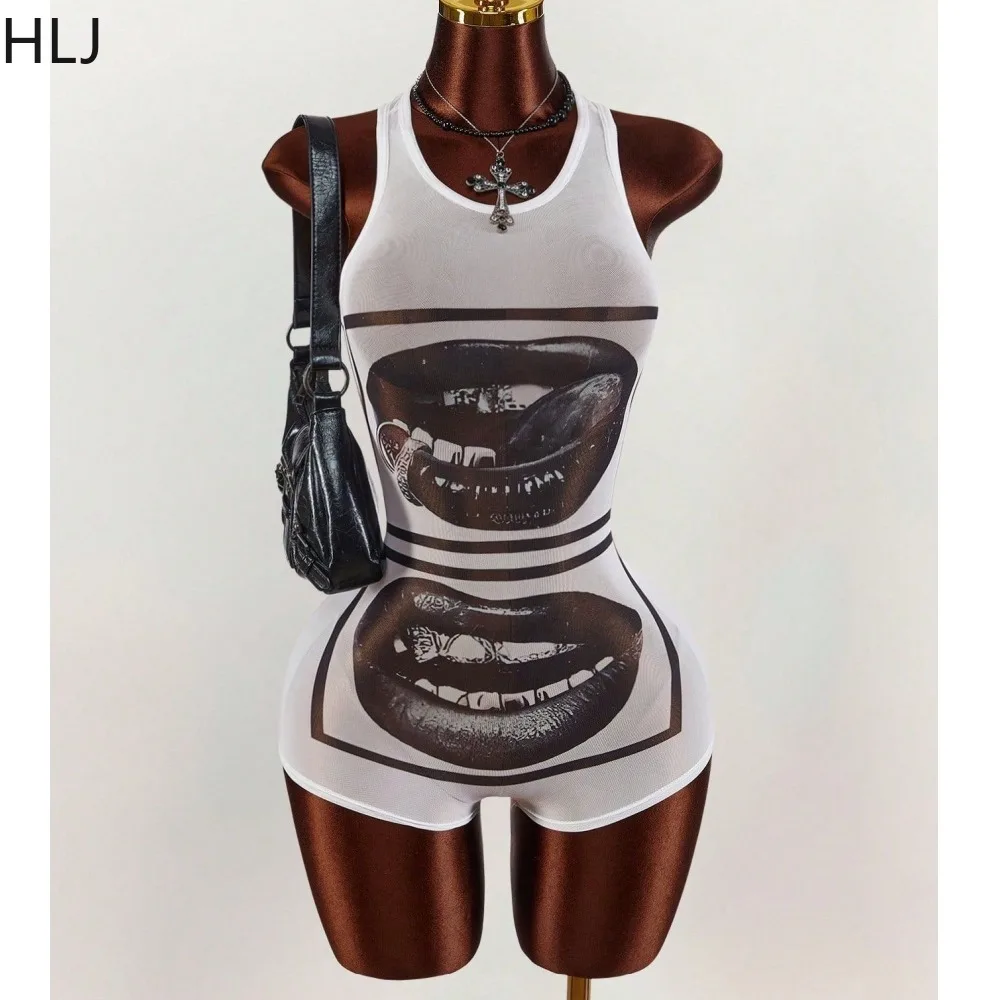 HLJ Y2K Gothic Punk Big Lips Graphic Print Bodycon Romper Women Mesh See Through Sleeveless Bodysuit Nightclub Transparent New