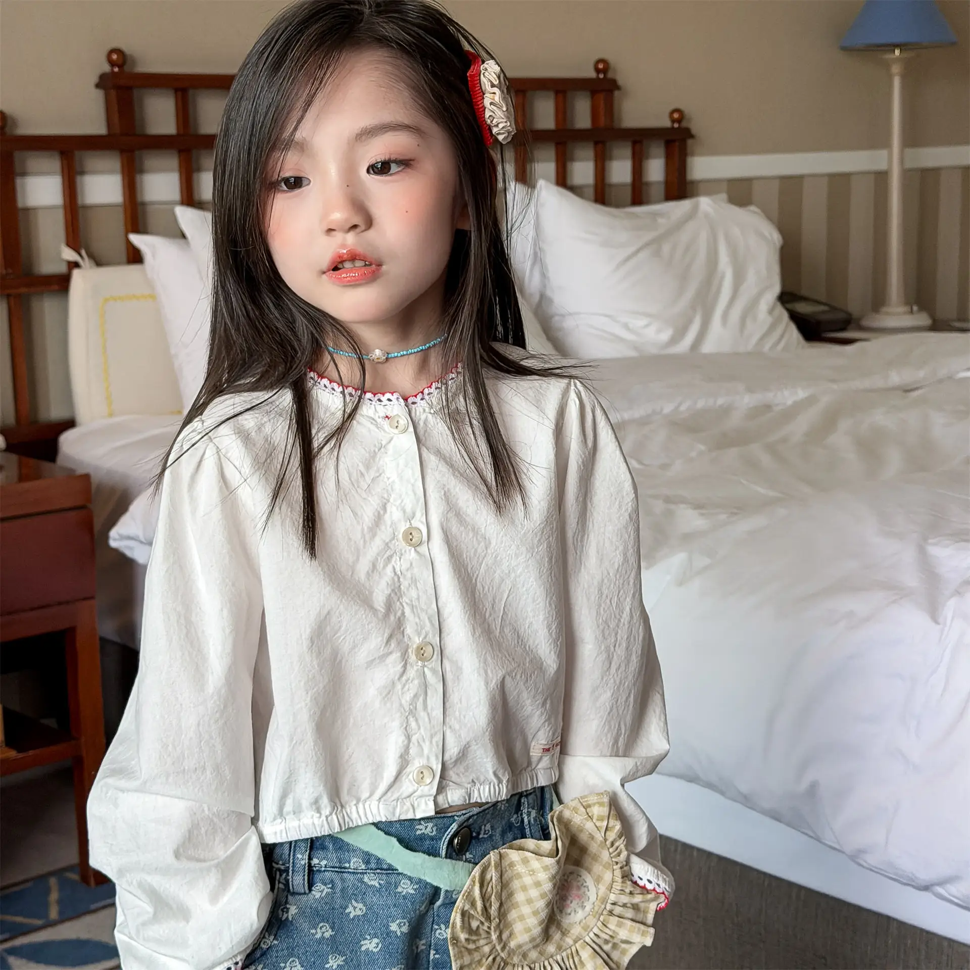 

2026 Spring New Girls Puff Sleeve Shirts Baby Girl Solid Cardigan Children Cotton Tops Toddler Cute Princess Shirts Kids Clothes