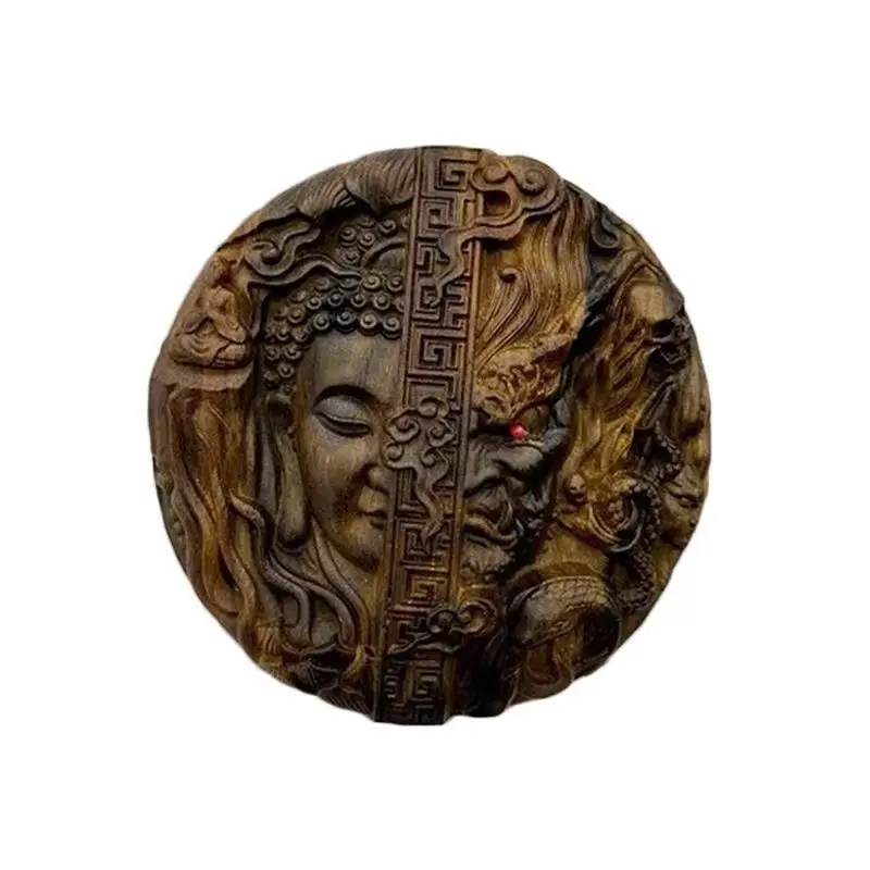 Handmade Sagittarius Wood Carving Buddha and Magic One Nian Play Handle Piece Wood Carving Good and Evil Peace Pendant Crafts