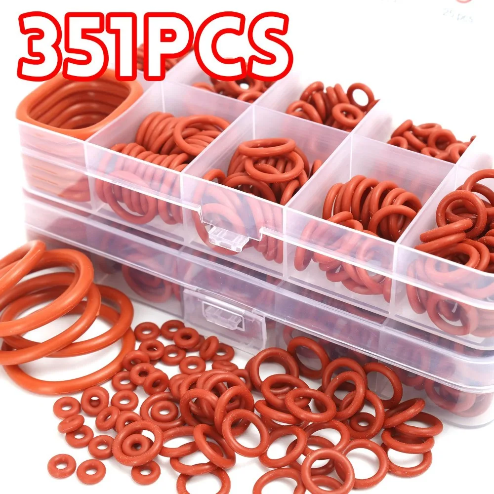 351pcs Silicone O Ring Red Seal Gasket Set High Temp Resistant Auto Car Plumbing Valve Repair Leakproof Assortment Storage Kit