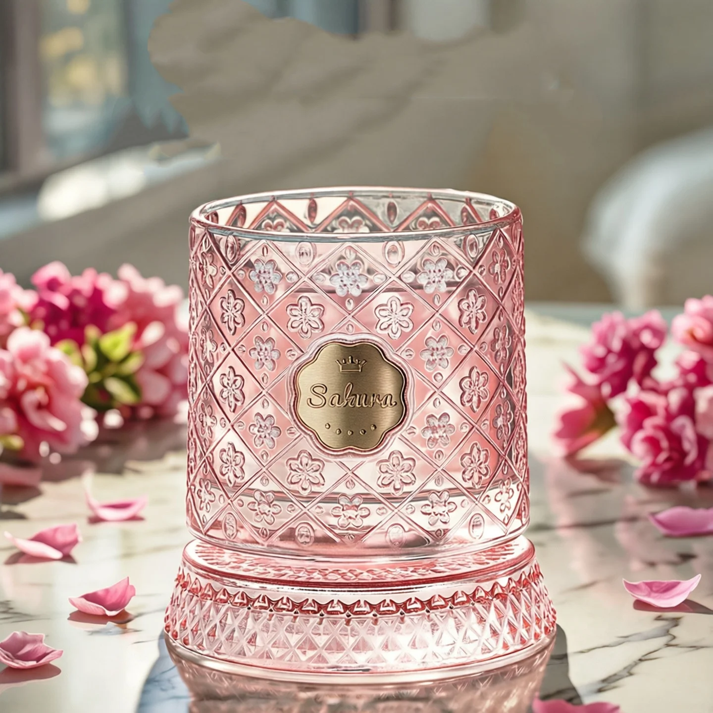 Romantic Pink Glass Cup with Cherry Blossom Pattern – Spinning Base, Great Gift for Her