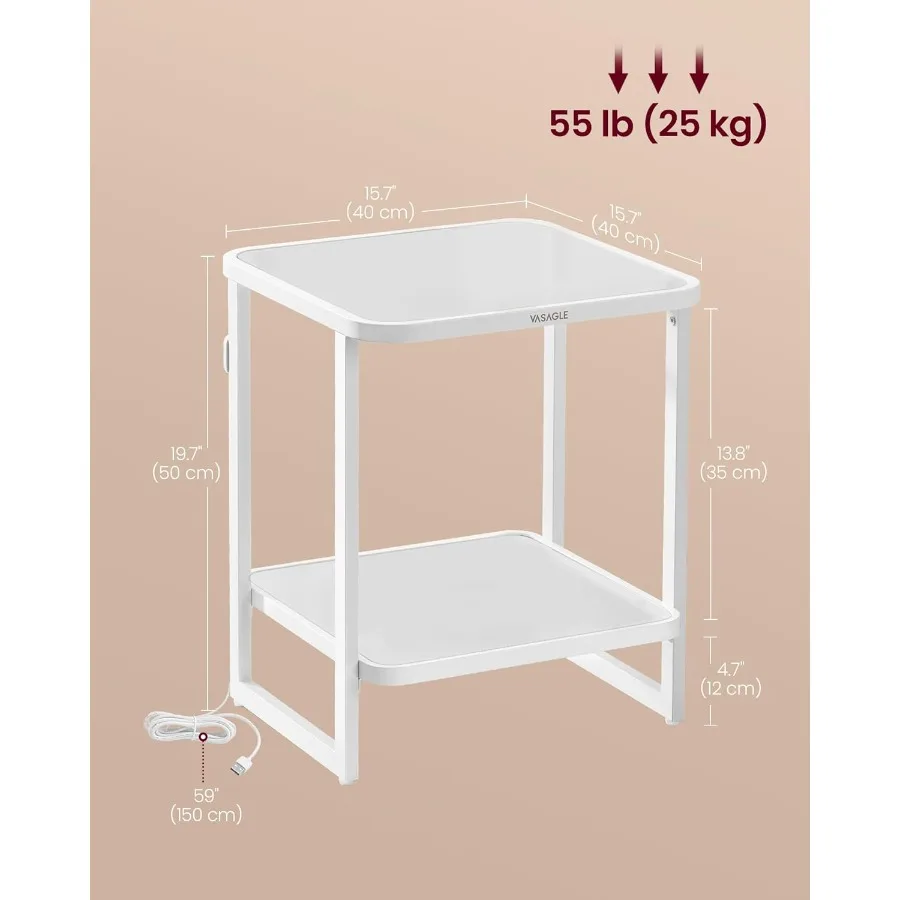 طاولة جانبية من طبقتين مع أضواء LED مدمجة، منضدة مربعة حديثة تتميز بسطح زجاجي بلوري ومعرف سفلي قابل للتعديل