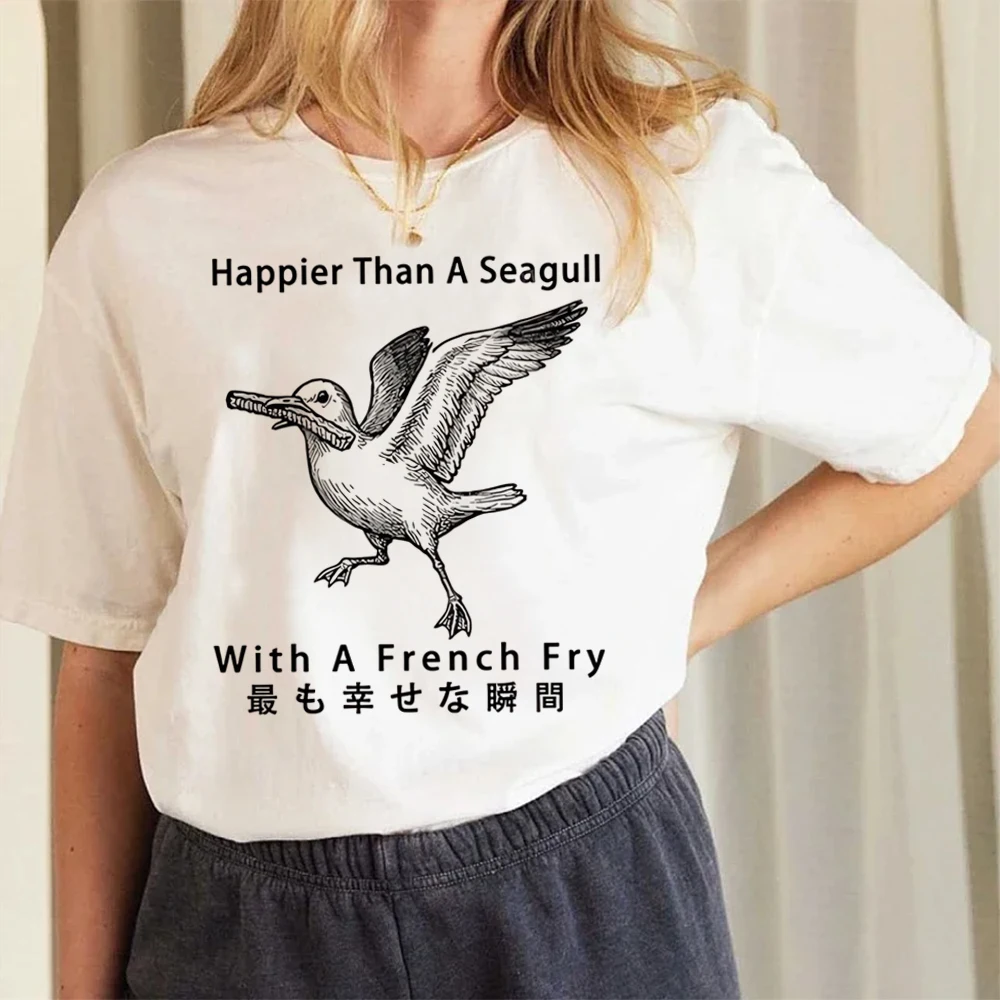 

Happier Than A Seagull with French Fry Симпатичная футболка с принтом и коротким рукавом 90-х годов Базовая верхняя одежда с круглым вырезом Новая летняя футболка