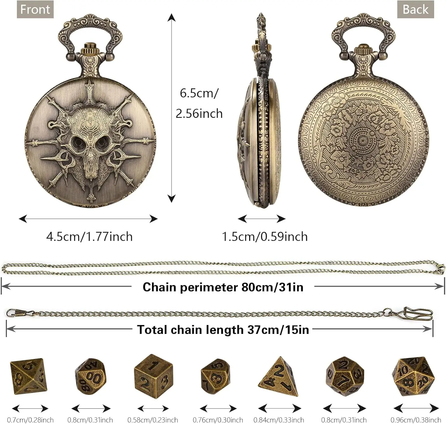 Mini DND Dice Set Steampunk Warlock Pocket Watch Shell Case 7pcs Polyhedral Metal D&D Dice Set for Dungeons and Dragons dice box