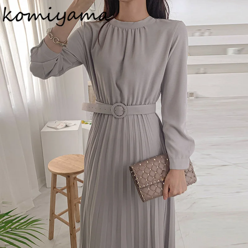 

Плиссированные платья в корейском стиле, Vestidos Mujer, женские платья с круглым вырезом и длинными рукавами, платье-туника с поясом, элегантное платье 2021, универсальные халаты