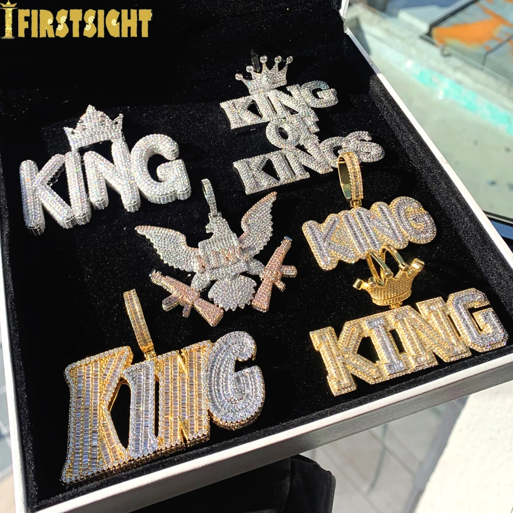 Iced Out King Necklace for Men Prong Setting Cubic Zirconia Gold Color Crown letters Pendant Hip Hop Jewelry