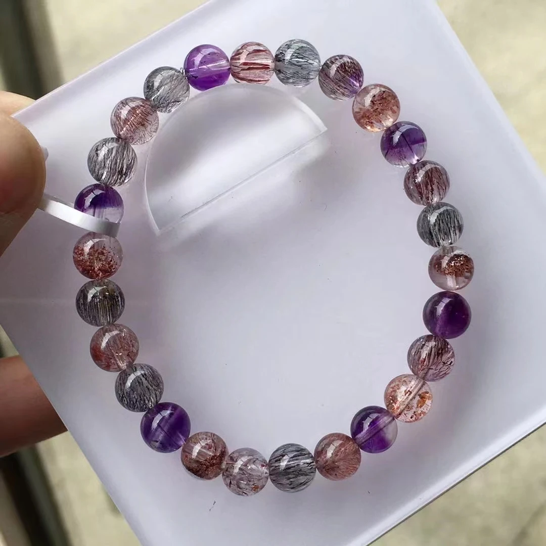 

Natural Purple Super 7 Seven Red Lepidocrocite Quartz Bracelet 7mm Jewelry Woman Men Rutilated Quartz Clear Beads AAAAAAA