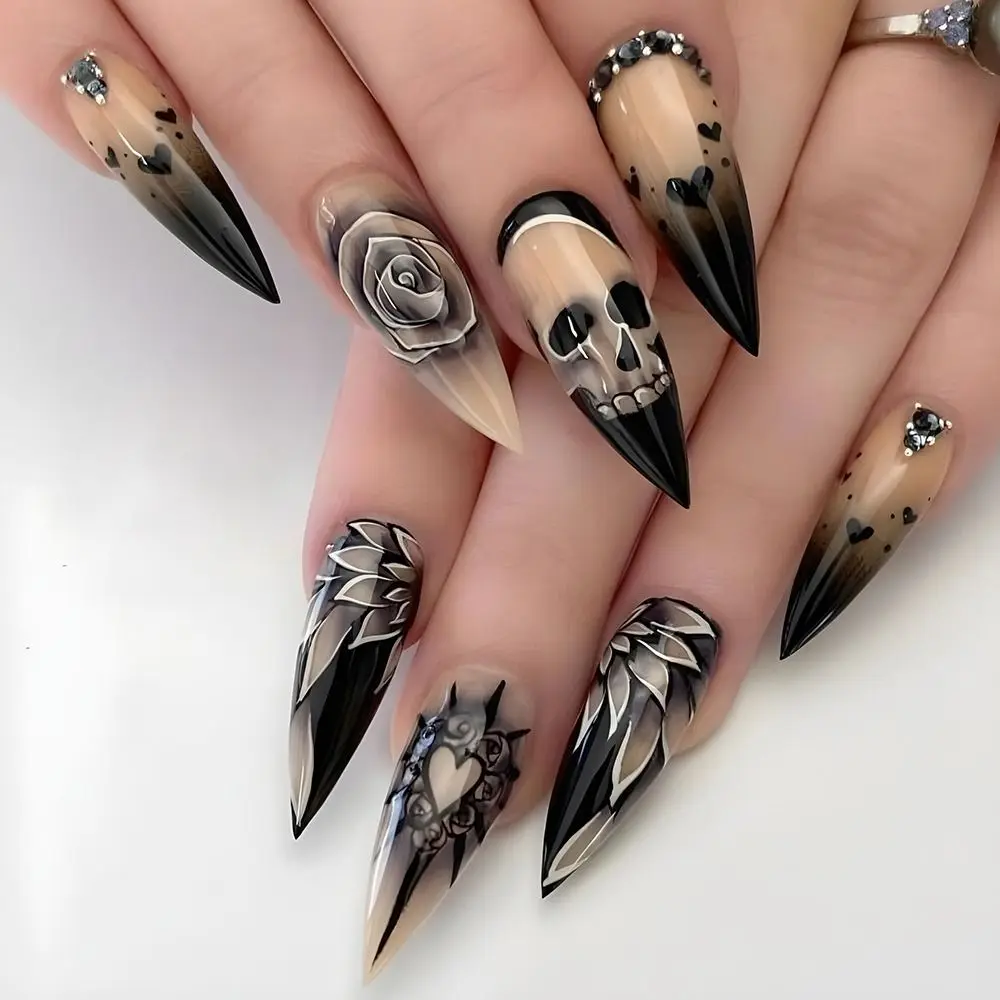 24pcs Rose Rhinestone Halloween Skull Fake Nails Full Cover Detachable Press on Nails Wearable Long Length False Nail