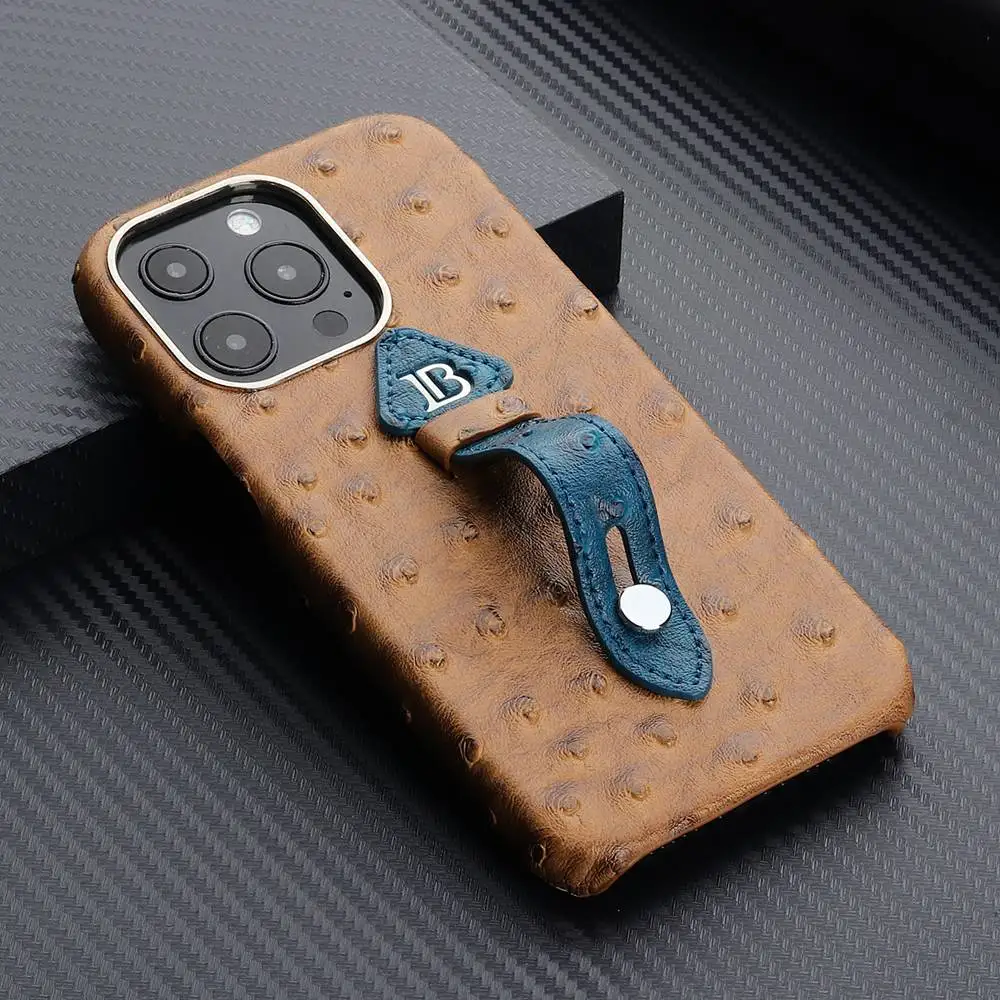 Hand Wrist Strap Stand Ostrich Leather Case For iPhone 14 13 11 12 Pro Max Mini XR X XS 14 Plus Retro PC Hard Shockproof Cover