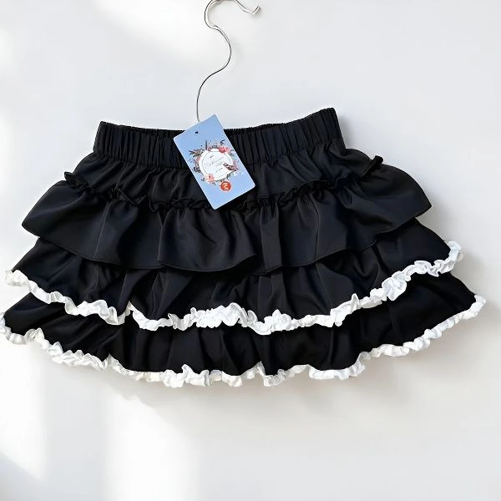 Women Mini Skirts Tiered Ruffles Lolita Built-in Shorts Kawaii Sukapan Skort Gothic Punk Coquette Y2K E-girl Black White Gown