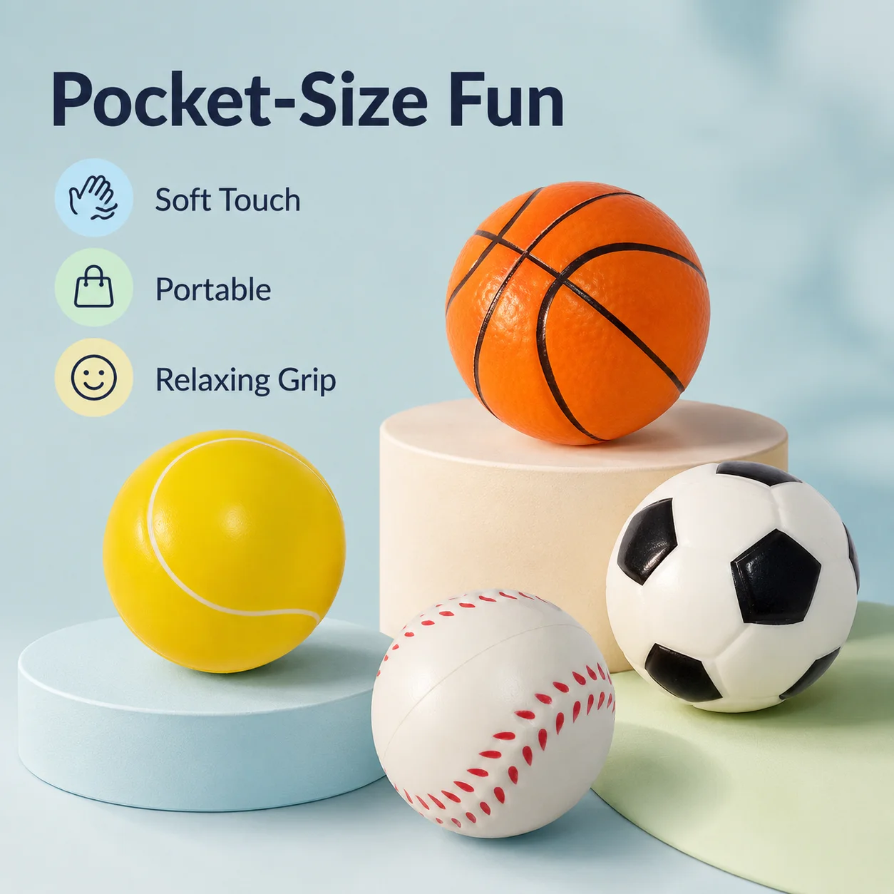 1pc SportsBallStress Relief Toy 6.3cm Squeeze Ball Soft Decompression ToyBasketball Soccer Tennis Baseball Style for Kids Adults