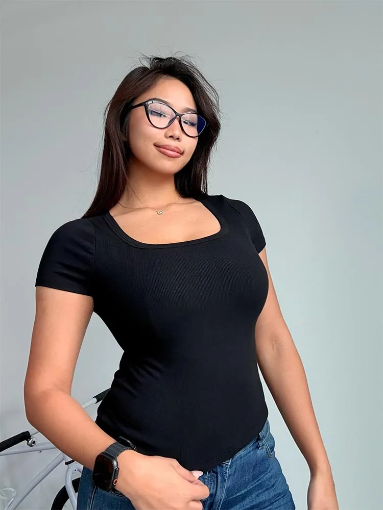 Square Collar High Stretch Summer Crop Tops Women Short Sleeve Tops Sexy Pullover Bottoming Blouses Slim T-shirt