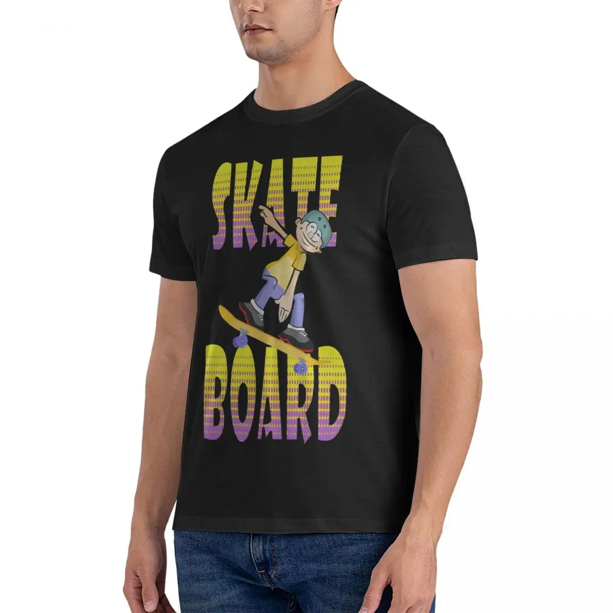 Fashion Text In Yellow And Violet Colour With Boy Skating Round Neck Pure Cotton T Shirts Skateboard Boy Short Sleeve Tee Shirt