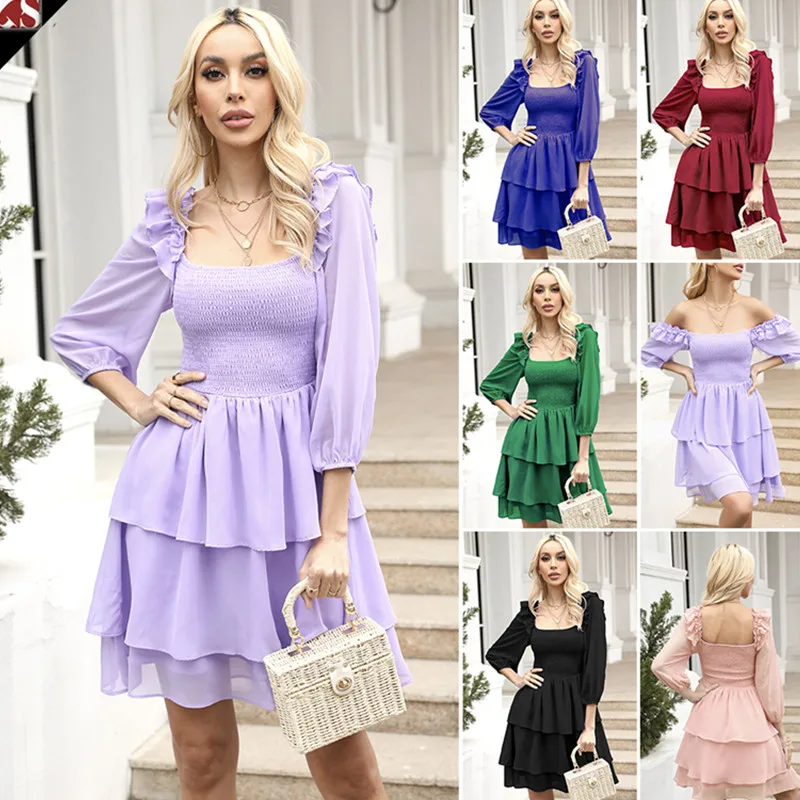 

Dresses for Women New Square Neck Pleated Chiffon Dress Ladies Ruffle Mini Long Bubble Sleeve Wedding Party Evening Dresses