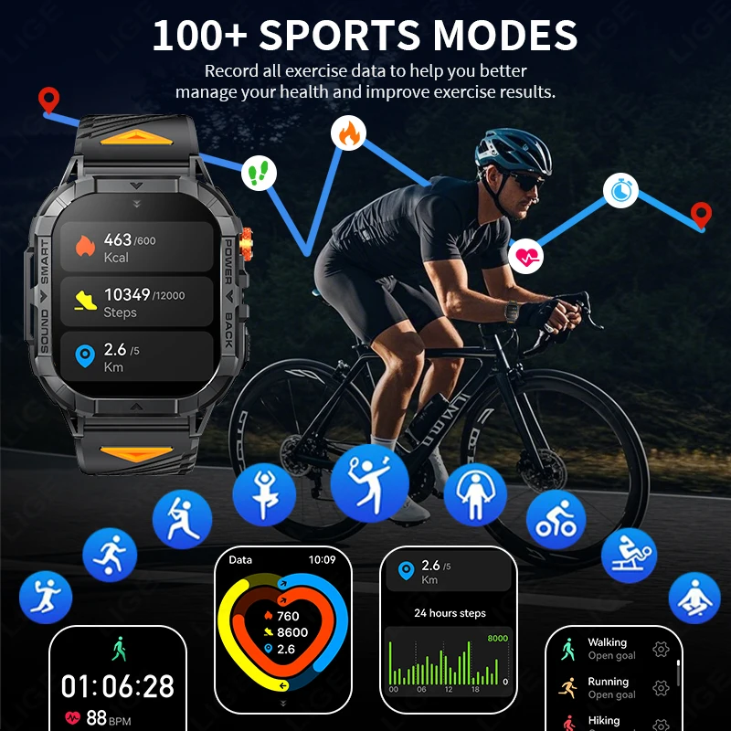 LIGE Military Smart Watch Men 2.13inch AMOLED Screen 480mAh Battery LED Flashlight Heart Rate Bluetooth Call Smartwatch Outdoor