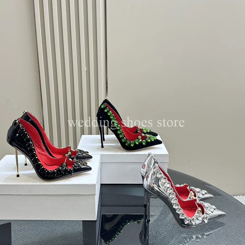 Rhinestone Heels Patent Leather Sexy Pointed Toe Shallow Mouth Black High Heels Luxury New Single Shoes Women Wedding Pumps