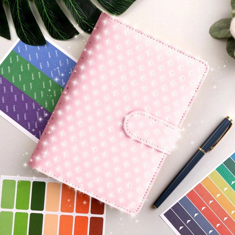 Rainstone Patterned Cover Money Saving Binder 6-Ring PU Leather Mini Budget Binder A6 Tear Resistant Savings Challenges Book