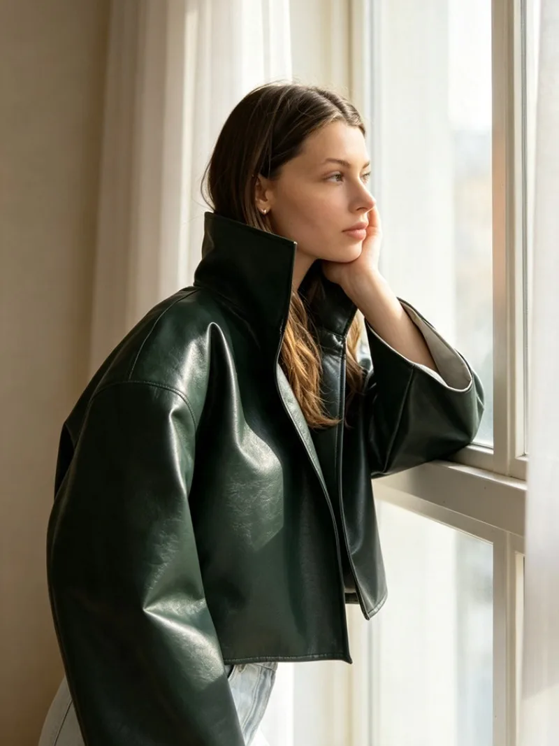 Womens Solid Color Stand Collar PU Leather Jacket Cropped Loose Fit Drop Shoulder Casual Outerwear Fall Winter New Chic Trendy