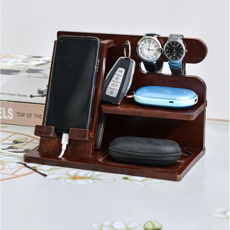 

Multifunction Wooden Bedside Wood Phone Docking Station Key Holder Wallet Stand Watch Storage Rack Valentines