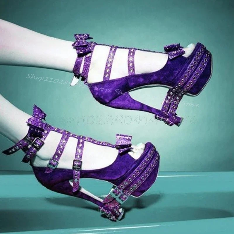 

Purple Buckle Bow Knot Decor Platform Sandals Boots Ankle Buckle Strap Women Shoes Thin High Heels Sexy 2025 Zapatos Para Mujere