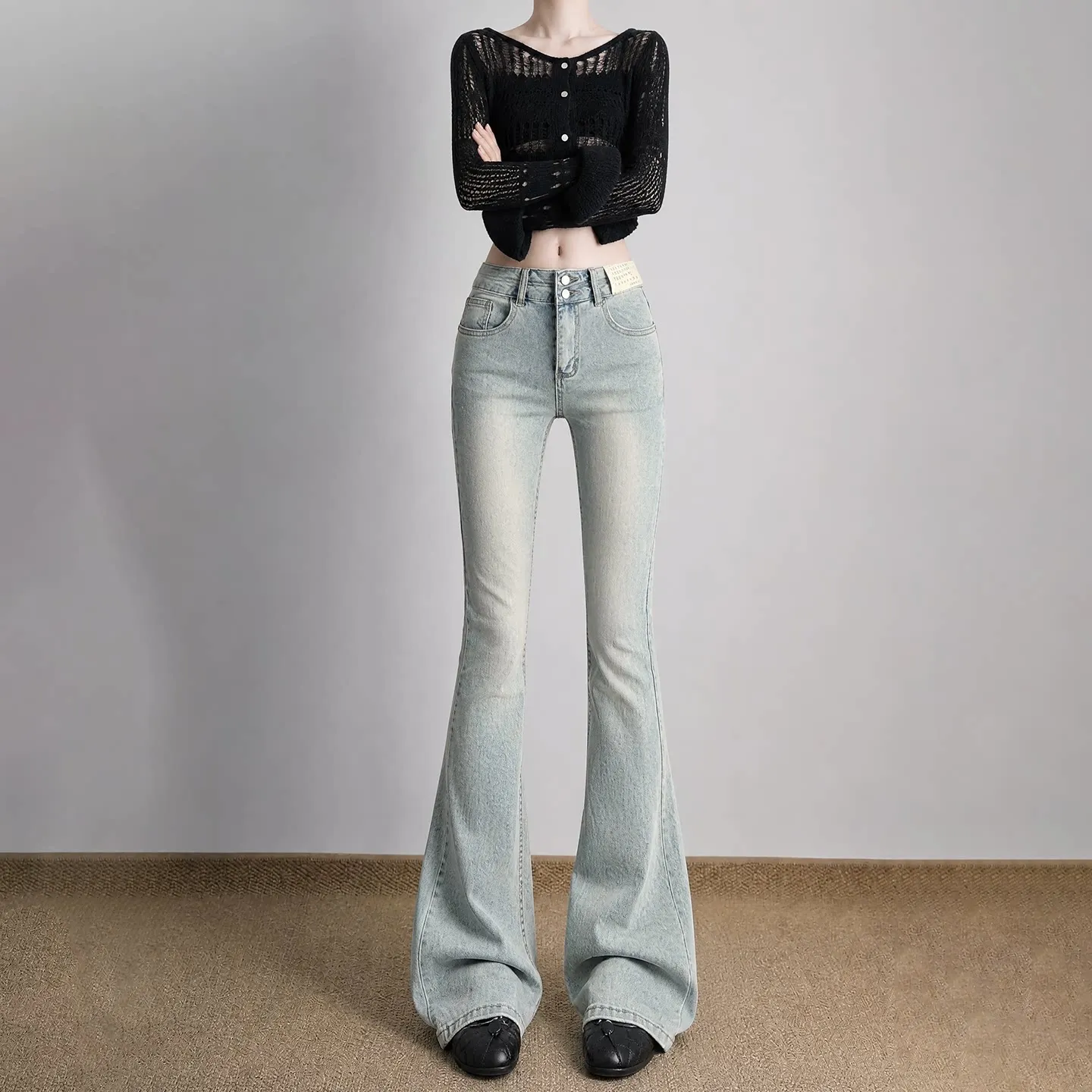 High Waist Bell Bottom Double Buckle Women's Jeans Slimming Versatile Cotton Stretch Denim Mid-Wash Fall Collection