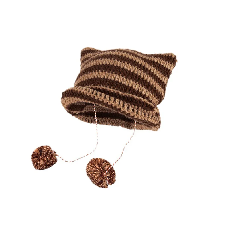 Imp Cat Ears Wool Cap Fall and Winter Warm with Striped Knit Cap Street Hip-hop Cap Wool Ball Cotton Cap Ear Protection Head Cap