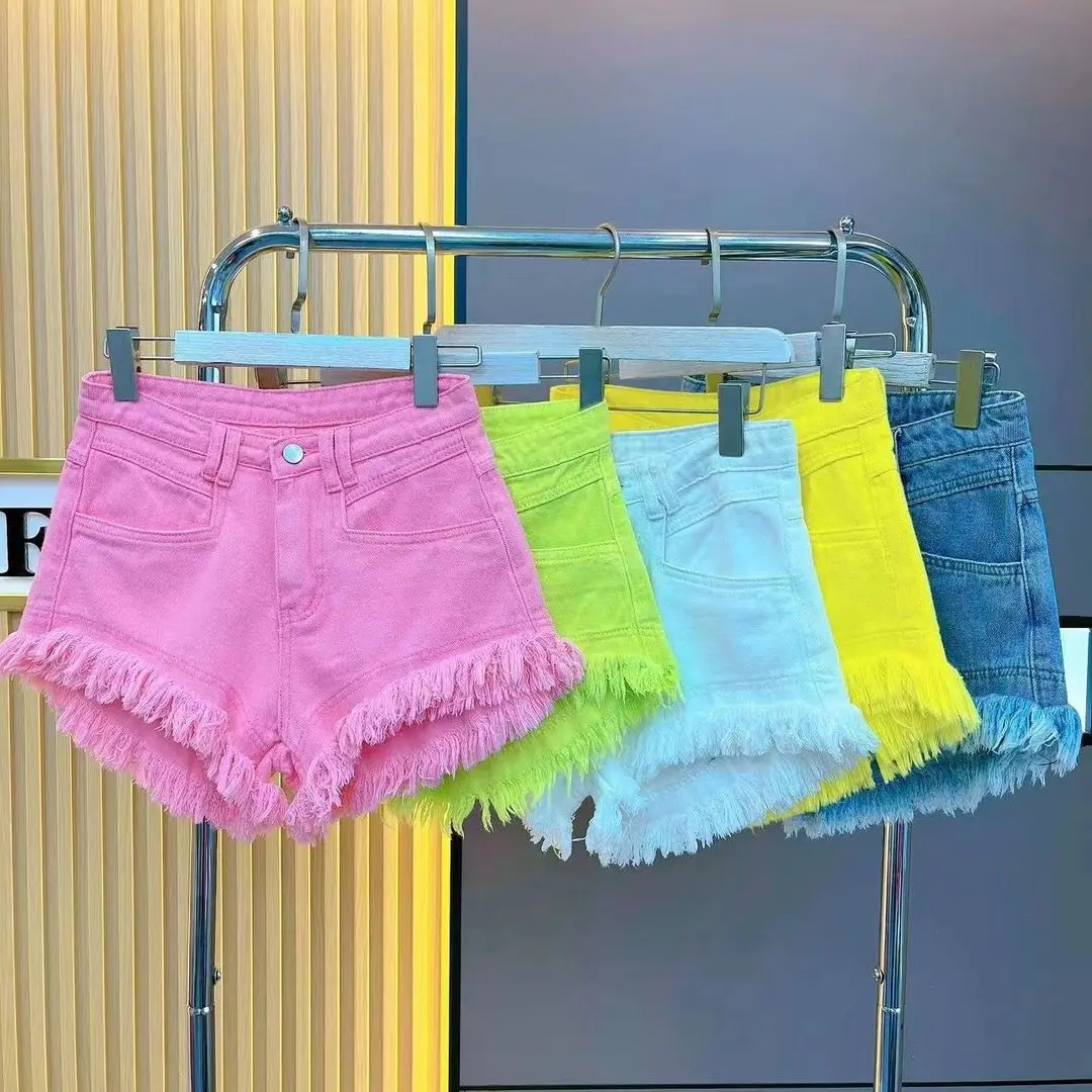 Candy Color Tassel Denim Shorts Women's 2026 New Summer A-Line High-waist Wide-leg Blue Shorts Hot Girls Summer Hot Pants