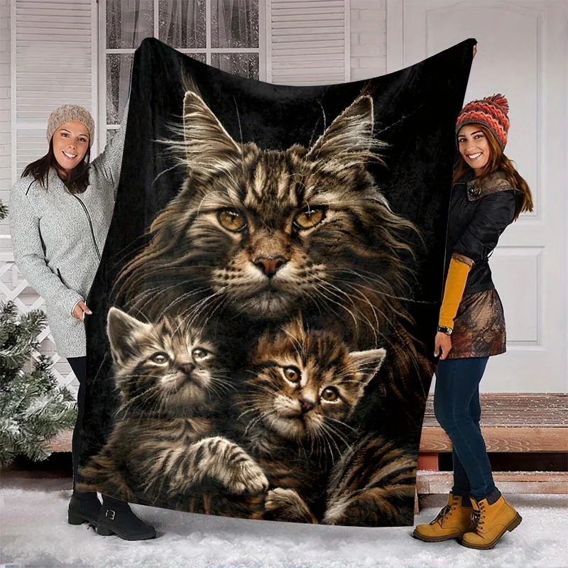 Cozy Cat Family Throw Blanket Pet Lover Decor Sofa Throw Plush Blanket Gift for Home Living Room Kitten Mother Cat Animal Print