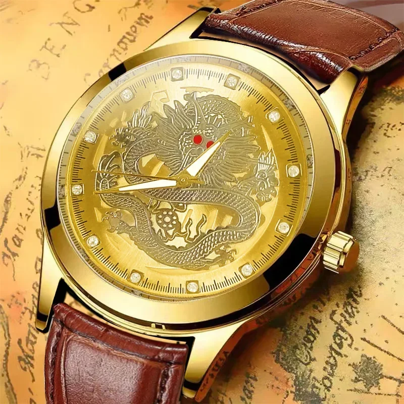 Luxury Gold Dragon Watch Men Business Watches Leather Band Analog Quartz Wristwatches Men Best Gifts Reloj Hombre Montre Homme