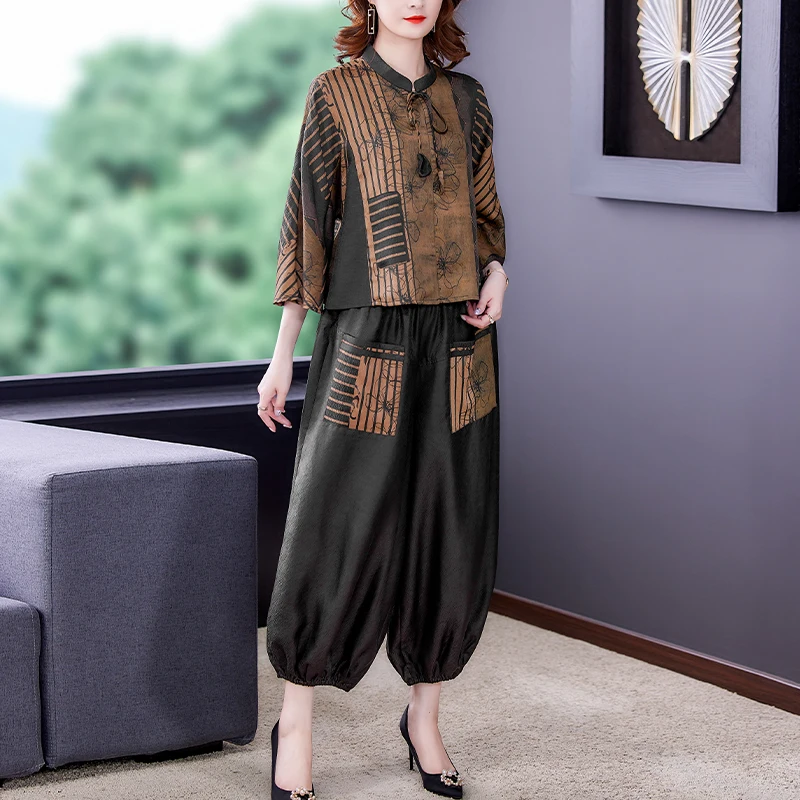 2024 Spring and Summer New Silk Satin Short Sleeve Pants Set Women\'s Silk Silk Two Piece Loose Slim Vintage Pants