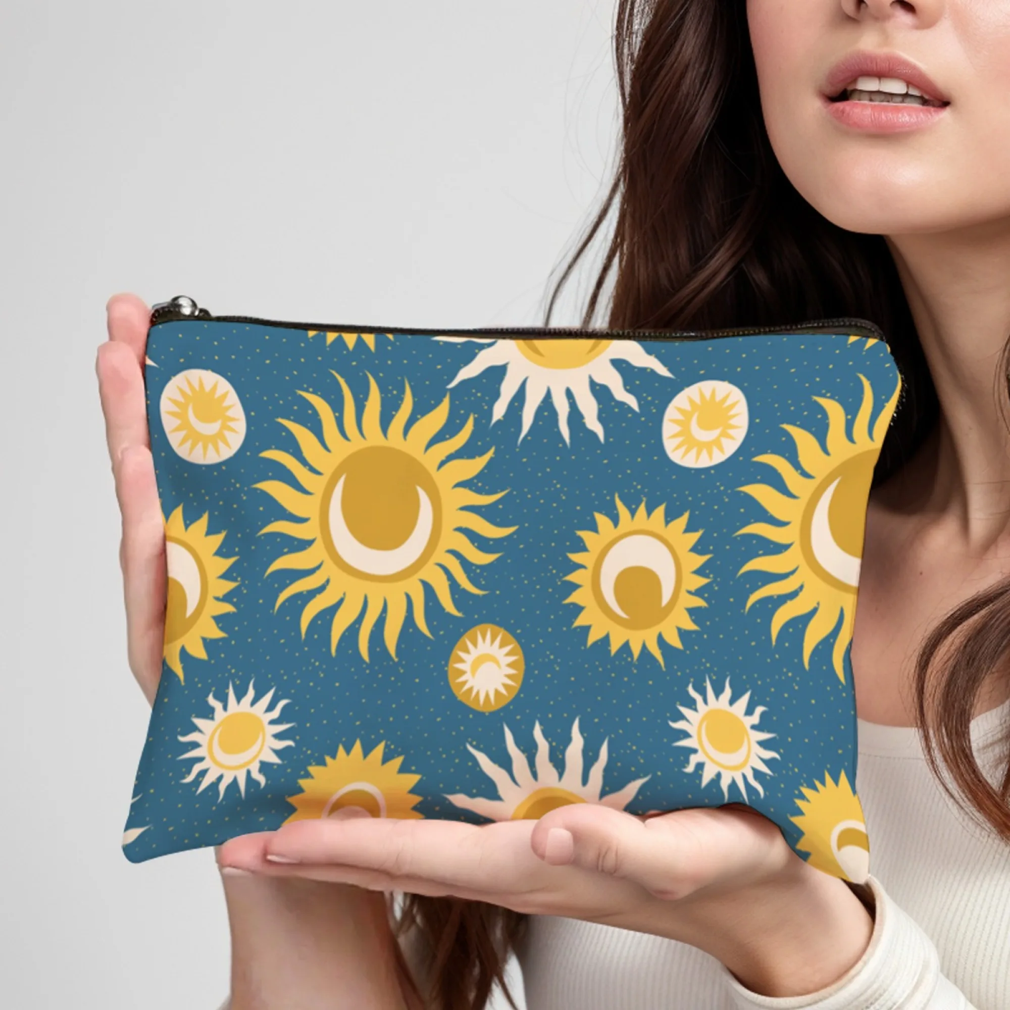 Fashion Harajuku Style Sun and Moon Elements Whimsical Women's Pencil Student Cosmetic Bag Travel Lightweight Zipper Storage Bag