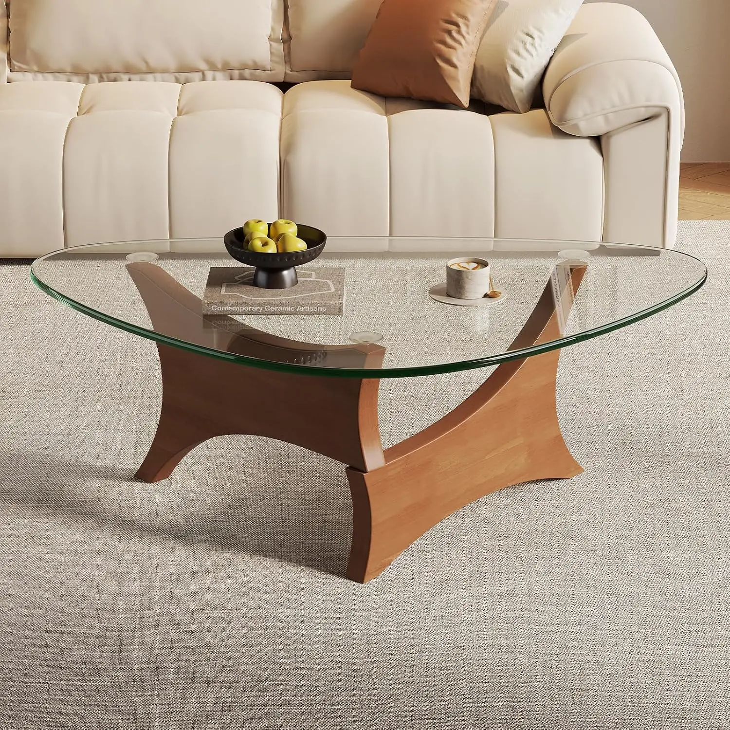 Modern Glass Coffee Table for Living Room, Mid Century Modern Triangle Coffee Table with Tempered Glass Top & Solid Wood Base