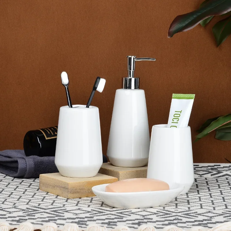 European Style White Porcelain Bathroom Set Ceramic Mouthwash Cup Lotion Bottle Soap Dish Modern Home Bathroom Accessories New