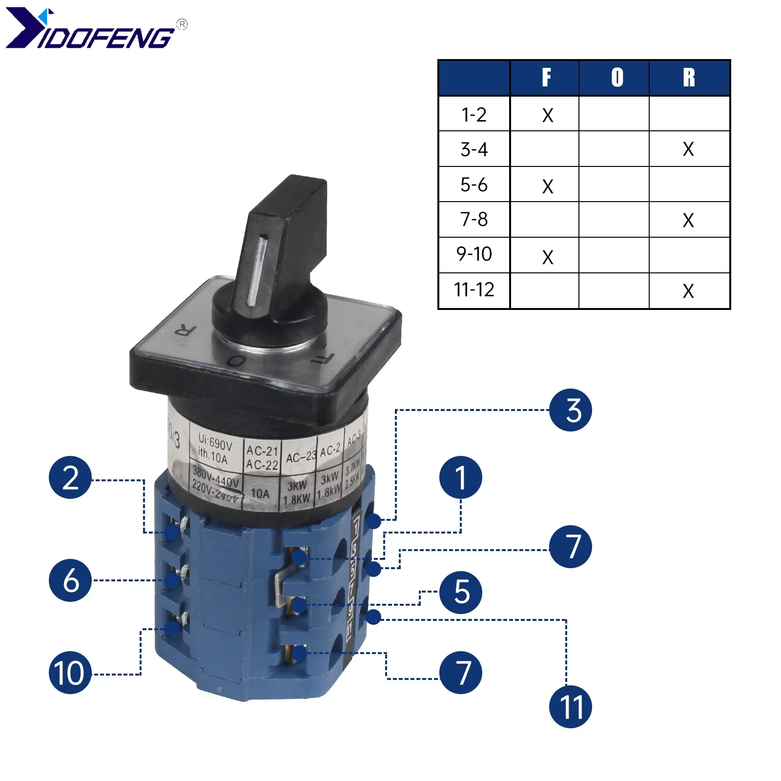 Motor Forward Off Reverse Switching YXW26-10/3 Rotary Cam Switch Mini Lathe Accessories Tool Part