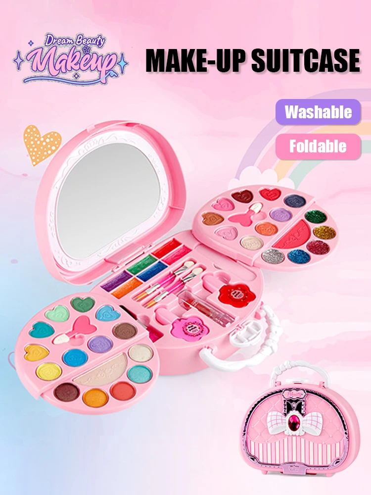 Kit de maquillaje de juguete de belleza para niños, bolsa pequeña lavable, juego de simulación, juego de cosméticos, juguetes con espejo, no tóxico y seguro, regalos de cumpleaños para niñas