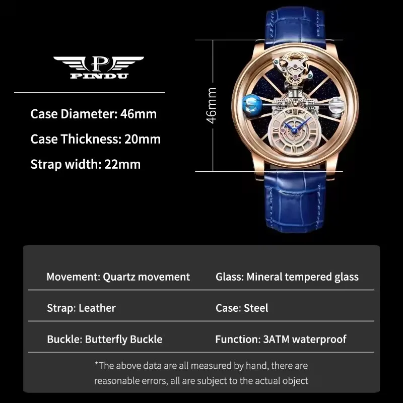 PINDU Design Orologio da polso da uomo Design cavo trasparente Roulette celeste Orologi al quarzo Scatola per orologi da uomo in pelle resistente all'acqua