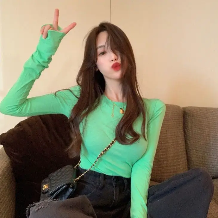 Slim Fit Long Sleeve round Neck Modal Base Shirt Fashionable Simple Design Tight Bodycon Style Korean Commute Style T-Shirt
