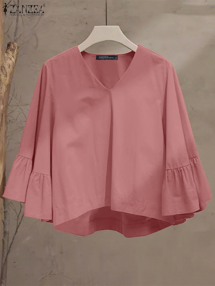 ZANZEA Fashion Autumn Women Tops V-Neck 3/4 Flare Sleeve Solid Color Blouses Shirts 2025 Casual Loose Ruffled Oversized Blusas