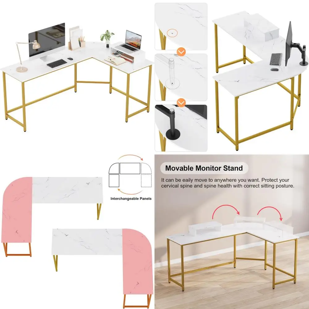 Modern Corner Computer Desk with Monitor Stand, L-Shaped Home Office Desk for PC Workstation and Study Writing Area