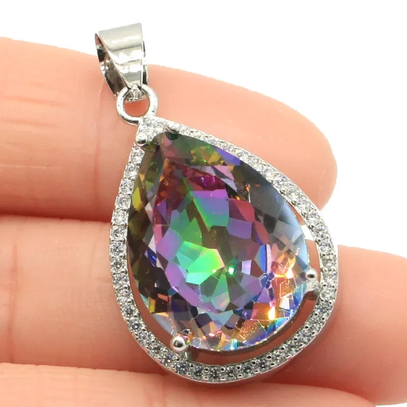 Buy 5 Get 1 Free 43x19mm Eye Catching Big Drop Gemstone Fire Rainbow Mystic Topaz CZ Women Dating Silver Earrings Pendant