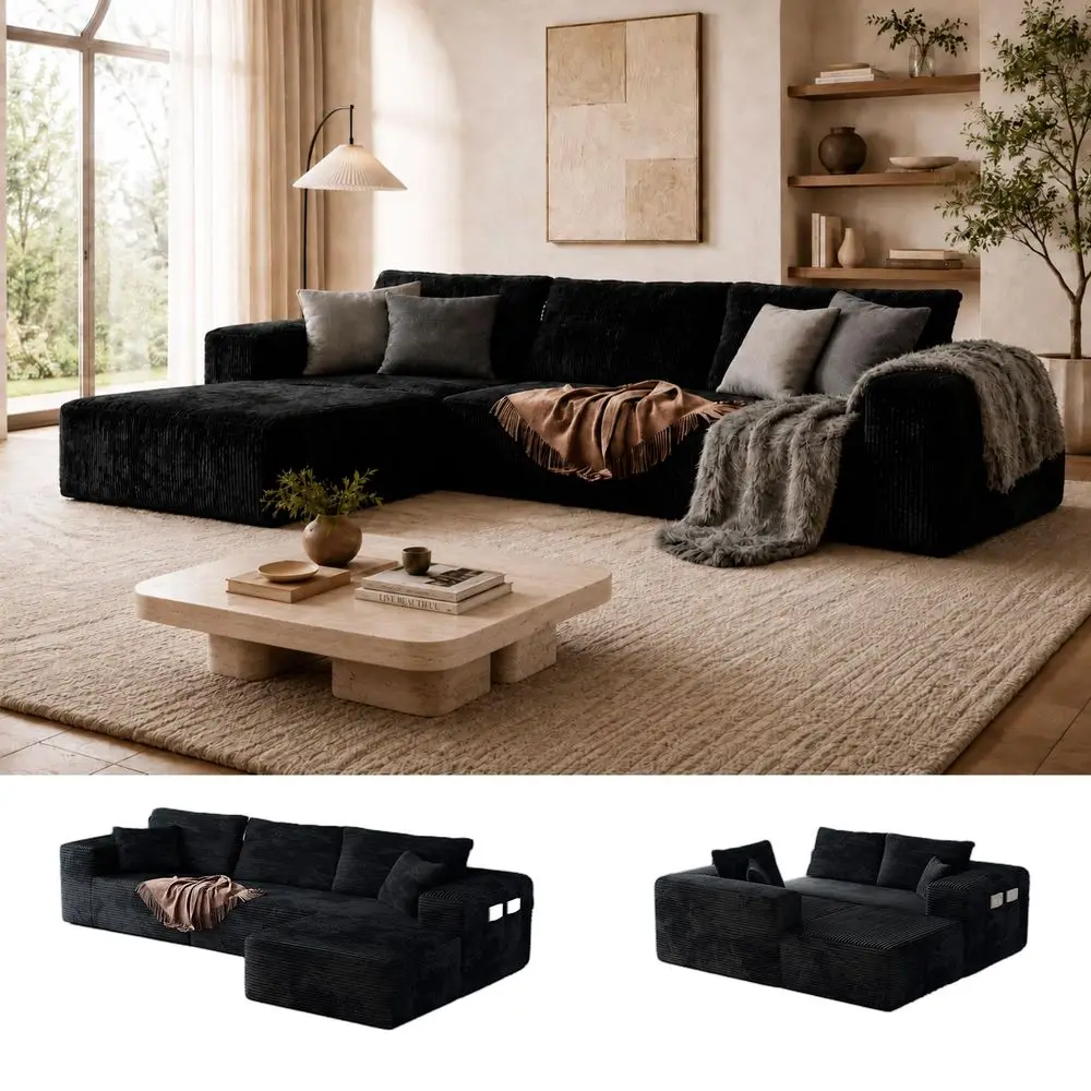 Sectional for Living Room Black LShape Couch in Box Sofa Memory