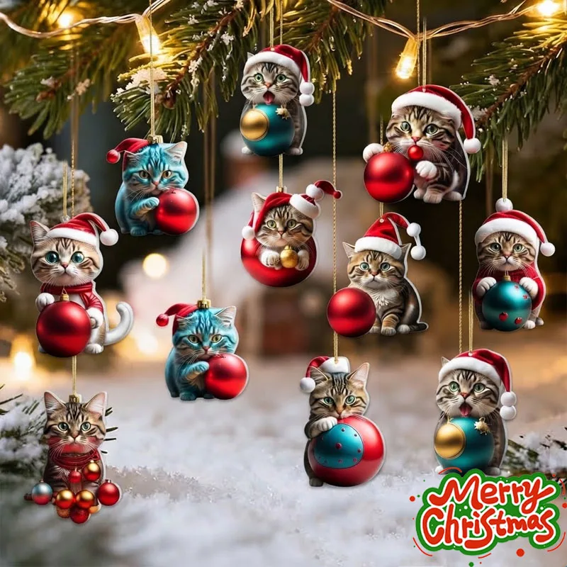 1-50PCS Chubby Cat Figurine Holding Christmas Ball Ornament Keychain for Tree Car Mirror Home Party Festive Celebration Decor