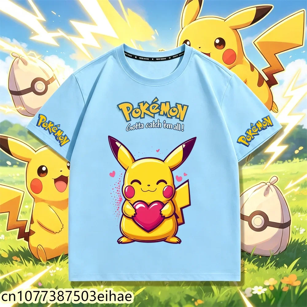 Cartoon Pokémon Print Kids T-Shirt New Street Fashion Crew Neck Casual Summer Tee, Kawaii Cute Clothes For Boys Girls 3-14 Years
