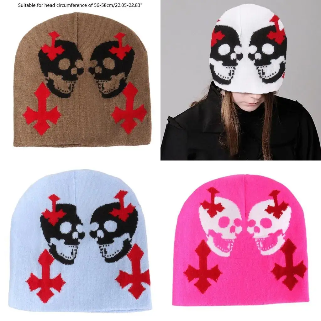 

652F Elastic Windproof Winter Hat Knit Halloween Jacquard Double Skull Hat for Women Men Keep Ear Warm Hat Skiing Cycling Hat