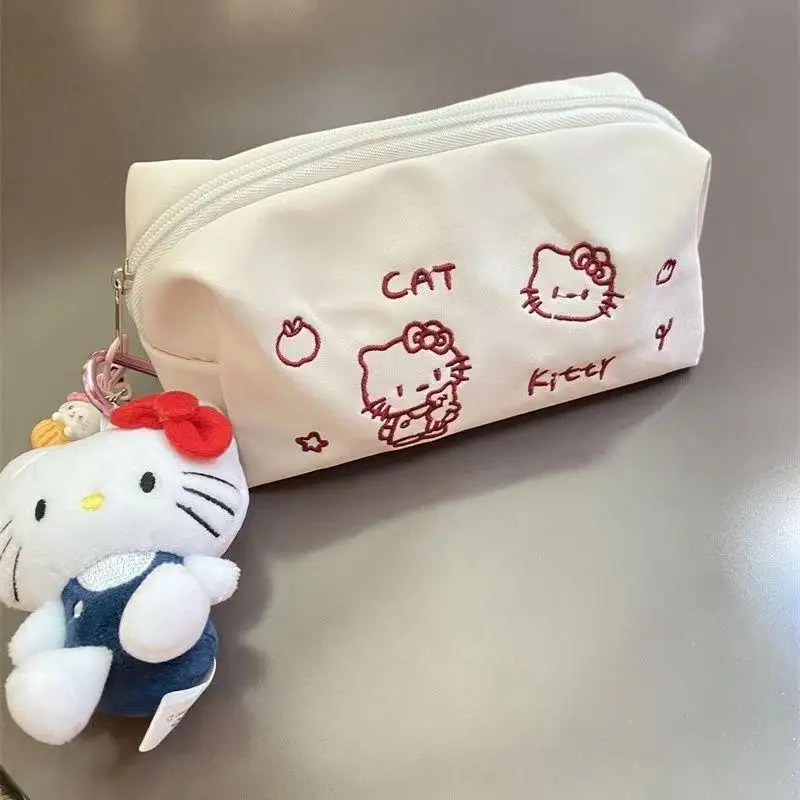 Estuche de lápices Kawaii Sanrio Hellokitty, bolsa de almacenamiento de estudiantes de gran capacidad, bolsa bordada de dibujos animados, regalos de cumpleaños para niñas, nuevo