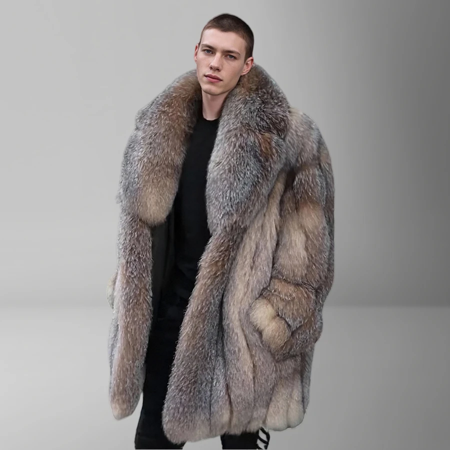 

Real Fur Men's Full Skin Natural Fox Fur Jacket Long Warm Winter Jackets Lapel Fashion Crystal Fox Outerwear
