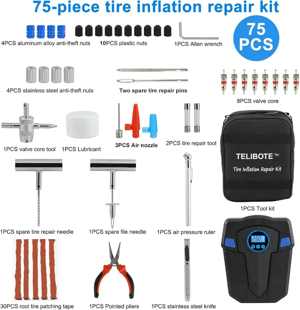 12V Tire Inflator & Repair Kit, 150 PSI Air Compressor for Cars, SUVs, Trucks