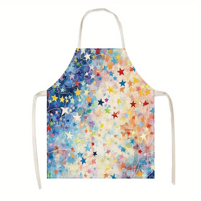 1pc,Colorful Stars Apron Watercolor Art Linen Cotton Kitchen Cooking Bib Apron Unisex Gift