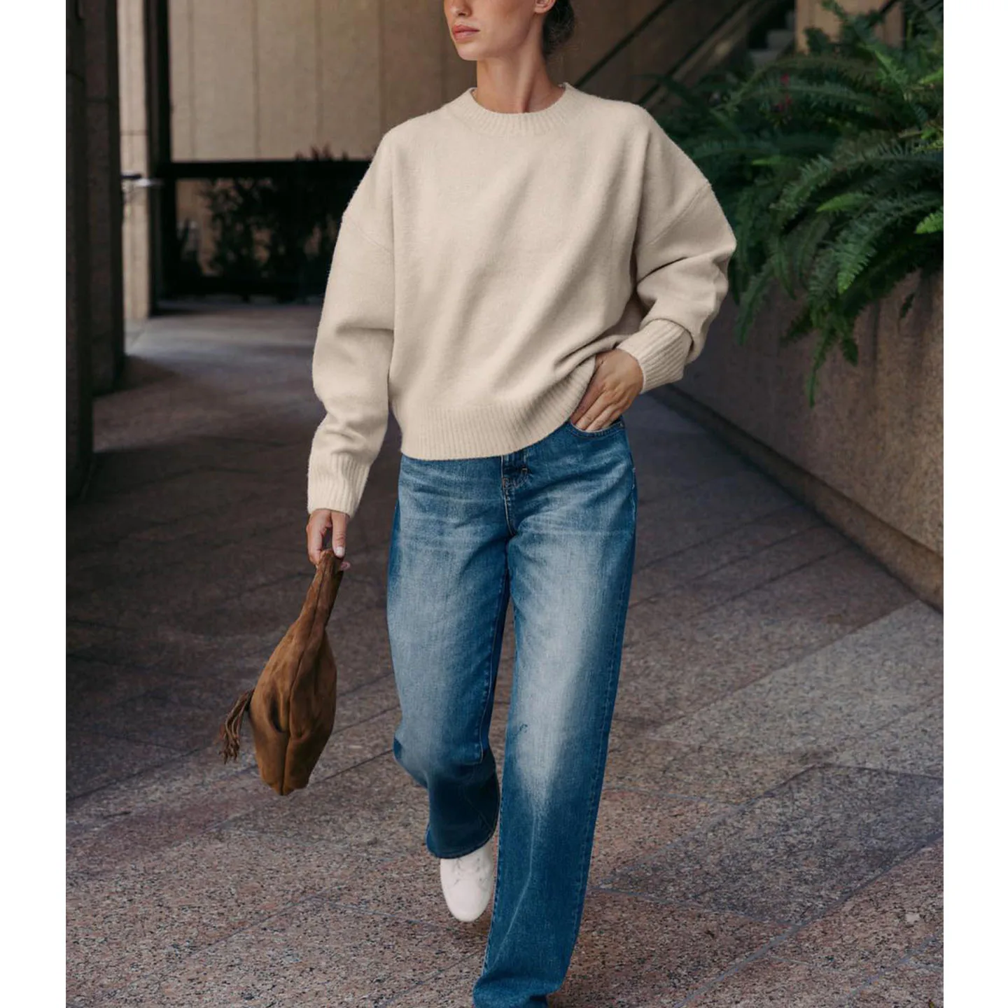 Morbido lavorato a maglia lungo Sve round Ne Pullover da donna Basic Sle Faion French Sle Fibra di poliestere Taglio dritto T-shirt
